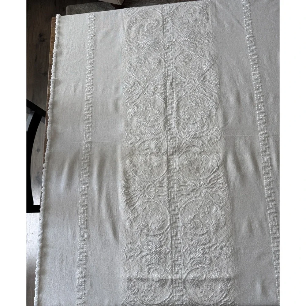 Vintage White Embroidered Tablecloth 56x74 Greek Key Floral Scrollwork Rectangle
